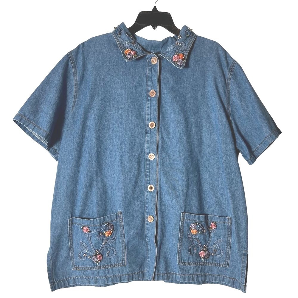 Vintage Monique Fashions Denim Shirt M Floral Embroidered Beaded Cotton Button
